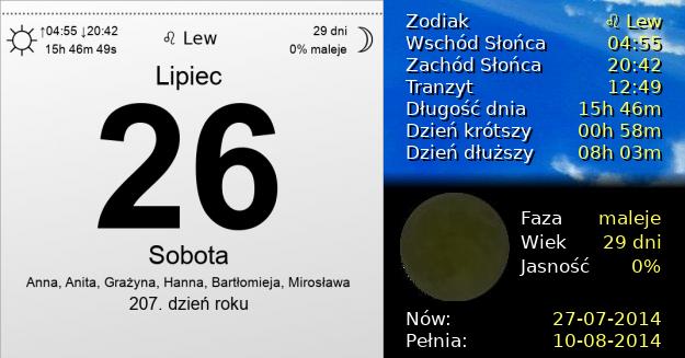 26 Lipca 2014 - Sobota. Kartka z Kalendarza
