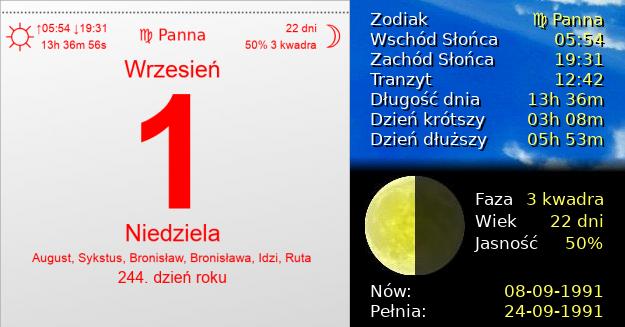 1 Września 1991 - Niedziela. Kartka z Kalendarza