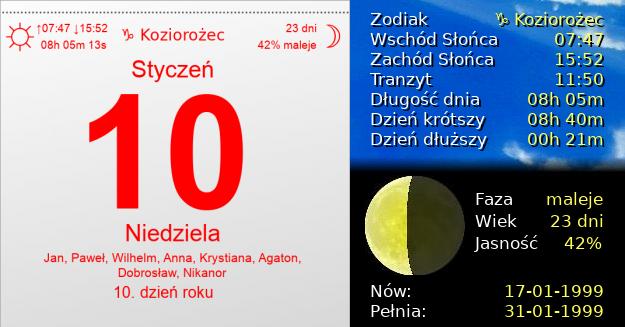 10 Stycznia 1999 - Niedziela. Kartka z Kalendarza