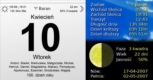 10 Kwietnia 2007 - Wtorek. Kartka z Kalendarza