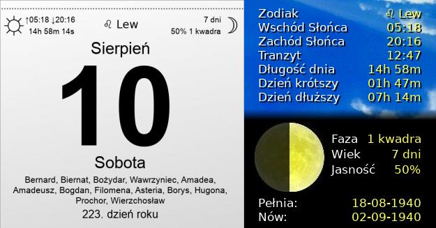 10 Sierpnia 1940 - Sobota. Kartka z Kalendarza