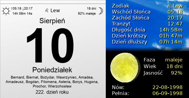 10 Sierpnia 1998 - Poniedziałek. Kartka z Kalendarza
