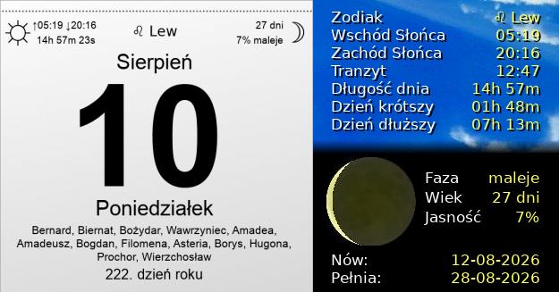 10 Sierpnia 2026 - Poniedziałek. Kartka z Kalendarza