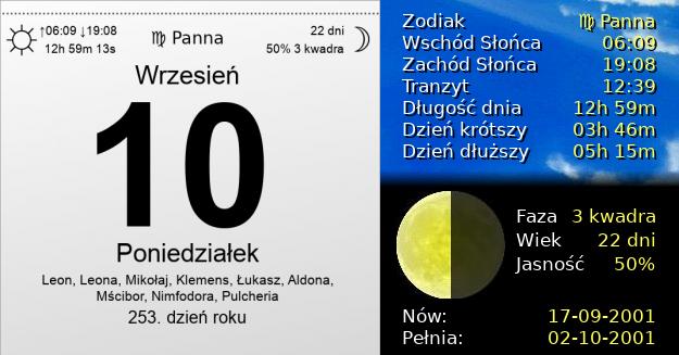 10 Września 2001 - Poniedziałek. Kartka z Kalendarza