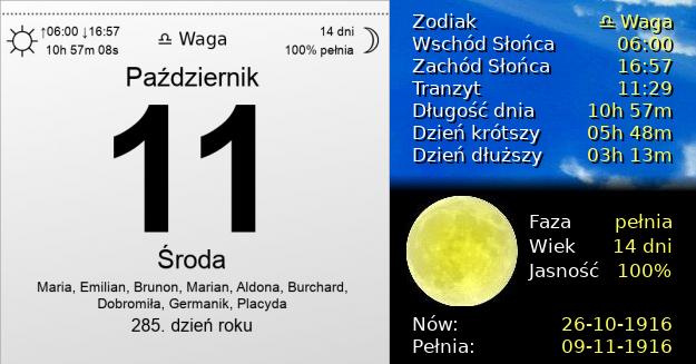 11 Października 1916 - Środa. Kartka z Kalendarza