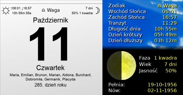 11 Października 1956 - Czwartek. Kartka z Kalendarza