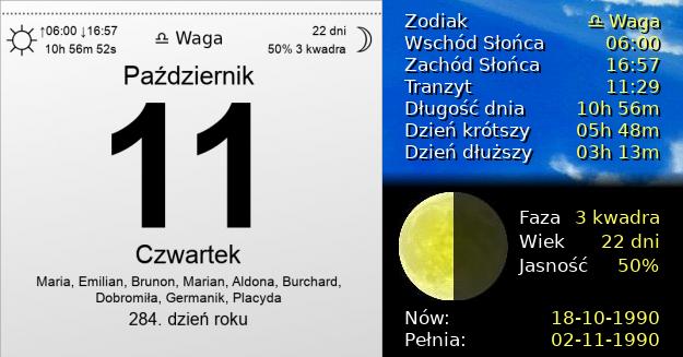 11 Października 1990 - Czwartek. Kartka z Kalendarza