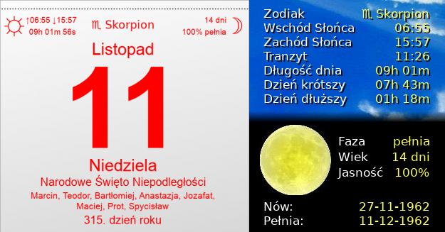 11 Listopada 1962 - Narodowe Święto Niepodległości. Kartka z Kalendarza