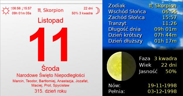 11 Listopada 1998 - Narodowe Święto Niepodległości. Kartka z Kalendarza