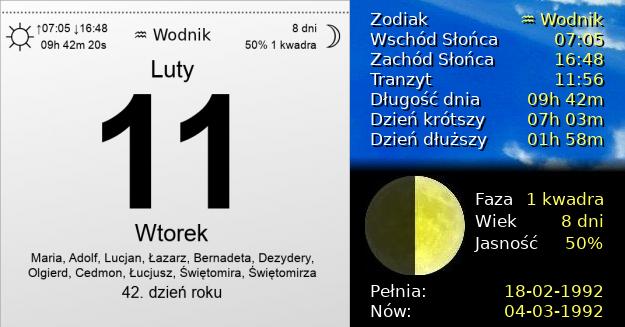11 Lutego 1992 - Wtorek. Kartka z Kalendarza