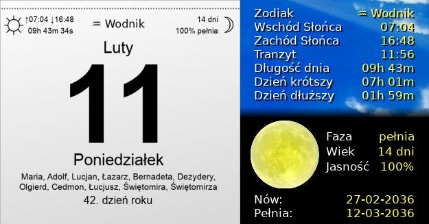 11 Lutego 2036 - Poniedziałek. Kartka z Kalendarza