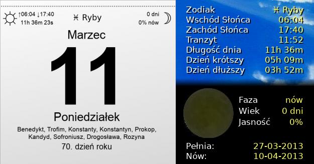 11 Marca 2013 - Poniedziałek. Kartka z Kalendarza