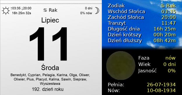11 Lipca 1934 - Środa. Kartka z Kalendarza