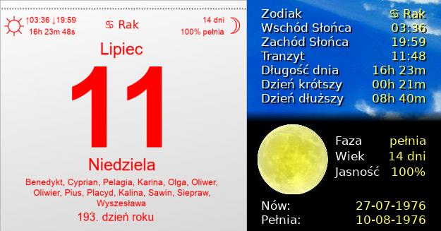 11 Lipca 1976 - Niedziela. Kartka z Kalendarza