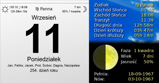 11 Września 1967 - Poniedziałek. Kartka z Kalendarza