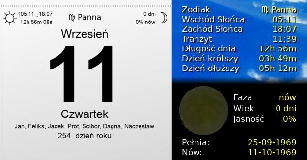 11 Września 1969 - Czwartek. Kartka z Kalendarza