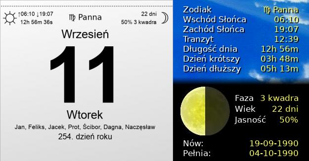 11 Września 1990 - Wtorek. Kartka z Kalendarza