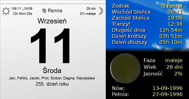 11 Września 1996 - Środa. Kartka z Kalendarza