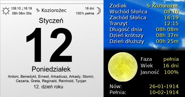 12 Stycznia 1914 - Poniedziałek. Kartka z Kalendarza