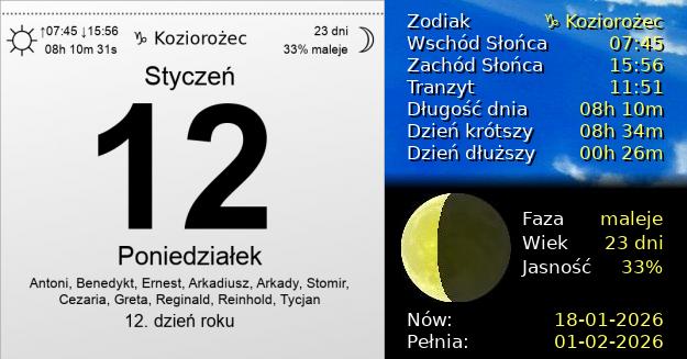 12 Stycznia 2026 - Poniedziałek. Kartka z Kalendarza