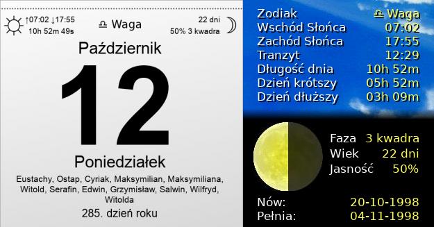 12 Października 1998 - Poniedziałek. Kartka z Kalendarza