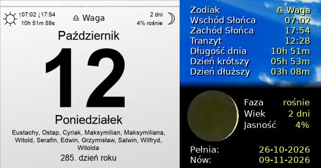 12 Października 2026 - Poniedziałek. Kartka z Kalendarza