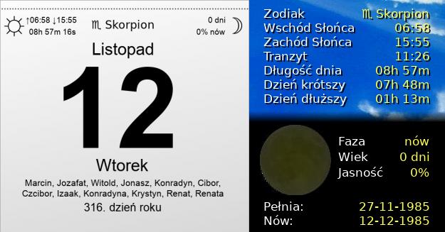 12 Listopada 1985 - Wtorek. Kartka z Kalendarza