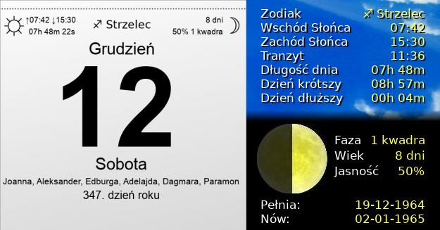 12 Grudnia 1964 - Sobota. Kartka z Kalendarza