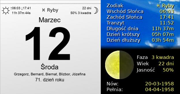 12 Marca 1958 - Środa. Kartka z Kalendarza