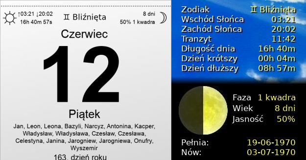 12 Czerwca 1970 - Piątek. Kartka z Kalendarza