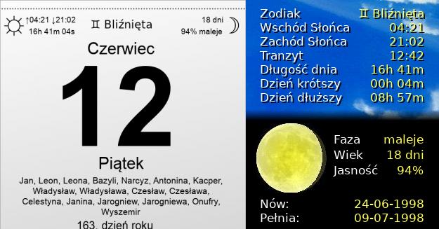 12 Czerwca 1998 - Piątek. Kartka z Kalendarza