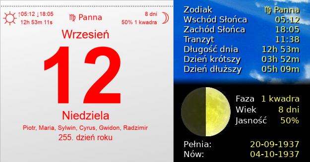 12 Września 1937 - Niedziela. Kartka z Kalendarza