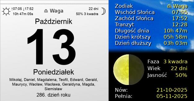 13 Października 2025 - Poniedziałek. Kartka z Kalendarza