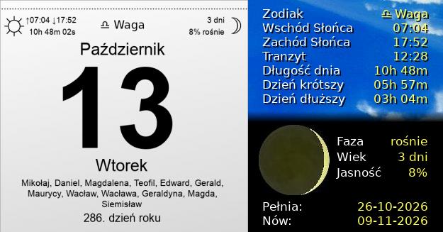 13 Października 2026 - Wtorek. Kartka z Kalendarza