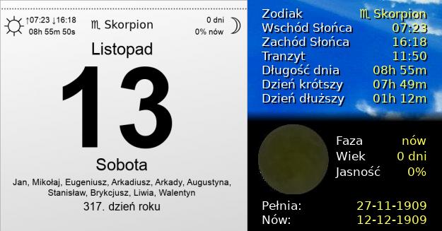 13 Listopada 1909 - Sobota. Kartka z Kalendarza