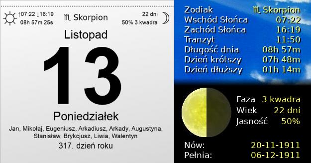 13 Listopada 1911 - Poniedziałek. Kartka z Kalendarza