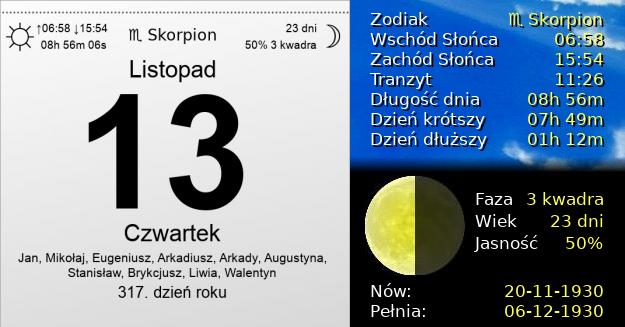 13 Listopada 1930 - Czwartek. Kartka z Kalendarza