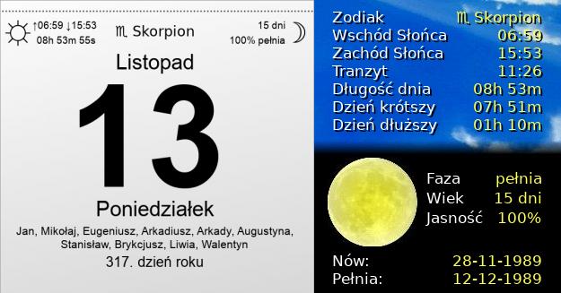 13 Listopada 1989 - Poniedziałek. Kartka z Kalendarza