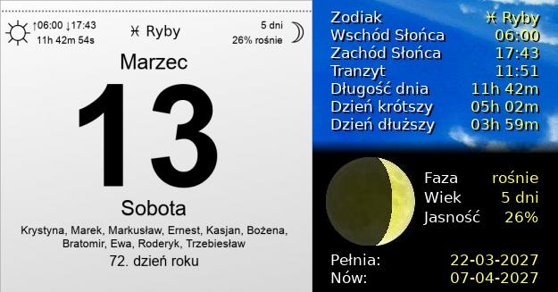 13 Marca 2027 - Sobota. Kartka z Kalendarza