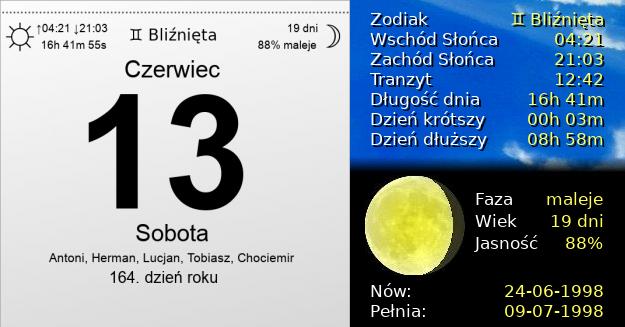 13 Czerwca 1998 - Sobota. Kartka z Kalendarza