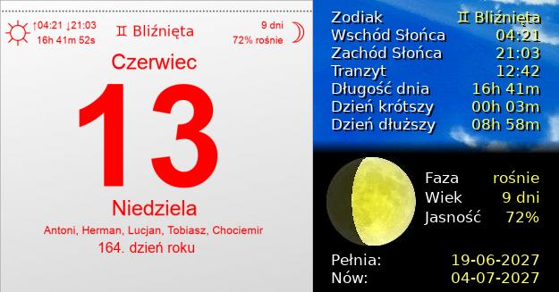 13 Czerwca 2027 - Niedziela. Kartka z Kalendarza