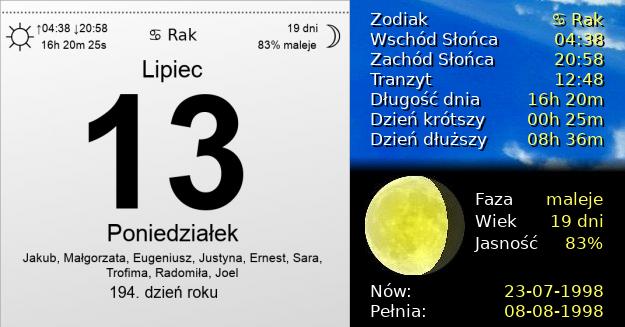 13 Lipca 1998 - Poniedziałek. Kartka z Kalendarza
