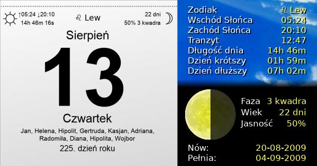 13 Sierpnia 2009 - Czwartek. Kartka z Kalendarza