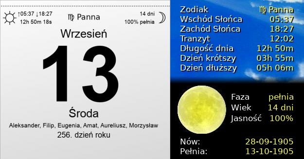 13 Września 1905 - Środa. Kartka z Kalendarza