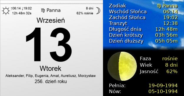 13 Września 1994 - Wtorek. Kartka z Kalendarza