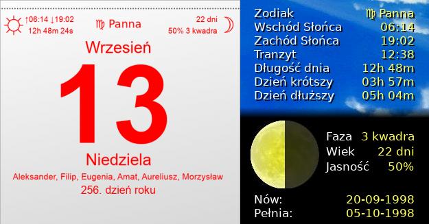 13 Września 1998 - Niedziela. Kartka z Kalendarza