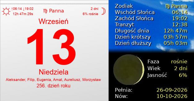13 Września 2026 - Niedziela. Kartka z Kalendarza