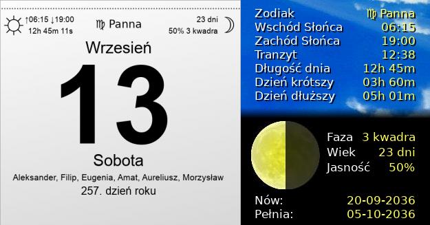 13 Września 2036 - Sobota. Kartka z Kalendarza