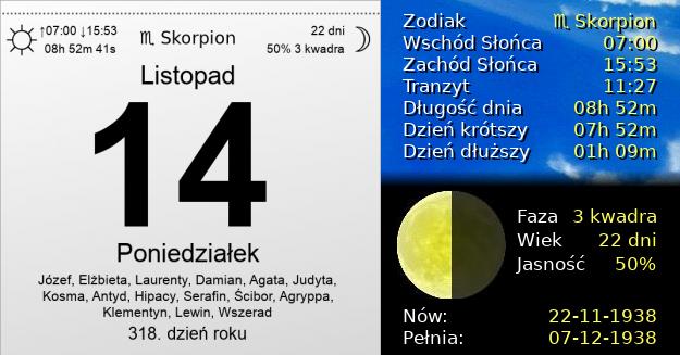 14 Listopada 1938 - Poniedziałek. Kartka z Kalendarza