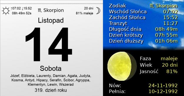 14 Listopada 1992 - Sobota. Kartka z Kalendarza